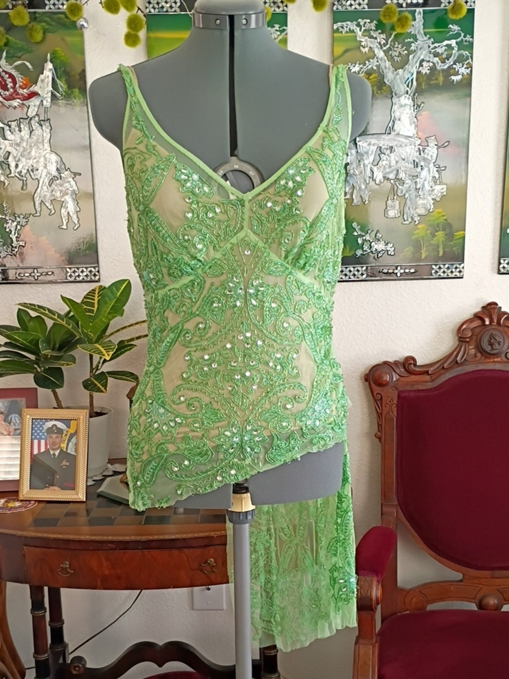 Y2K Tracy Reese Green Beaded Top Size 4
